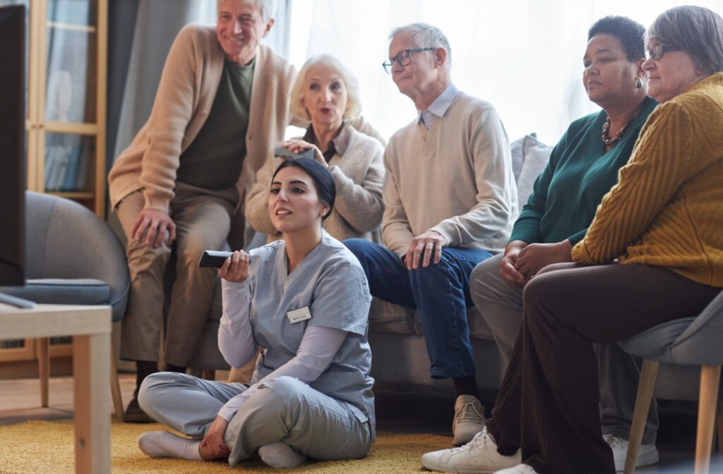 a carer sits on the floor in front of a couch of seniors watching a movie