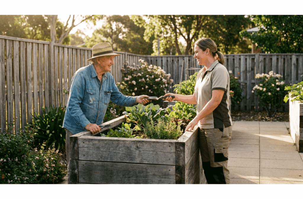 Senior person gardening at a raised planter box with assistance from a caregiver in a secure outdoor area.