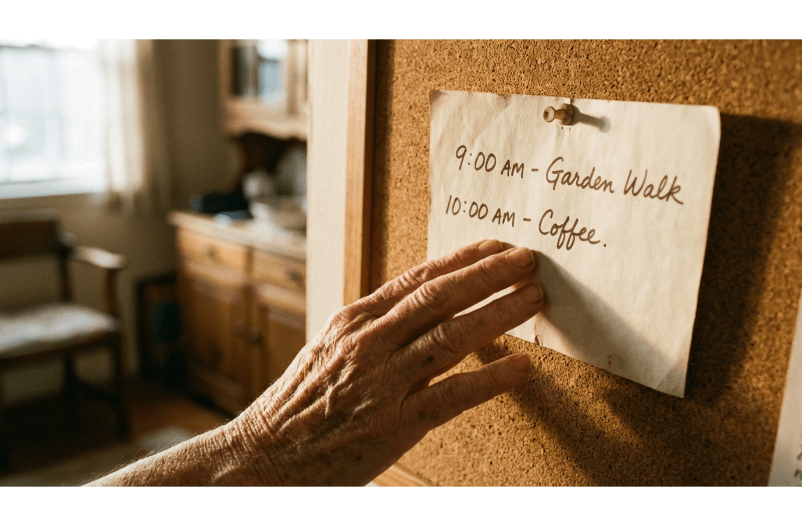 Older adult's hand pointing to a handwritten schedule on a corkboard listing morning activities.