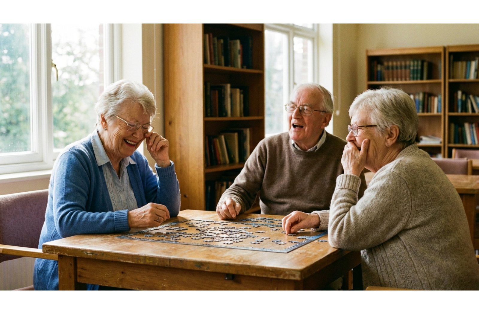 Three older adults laughing together while working on a jigsaw puzzle at a table in a sunlit community room.