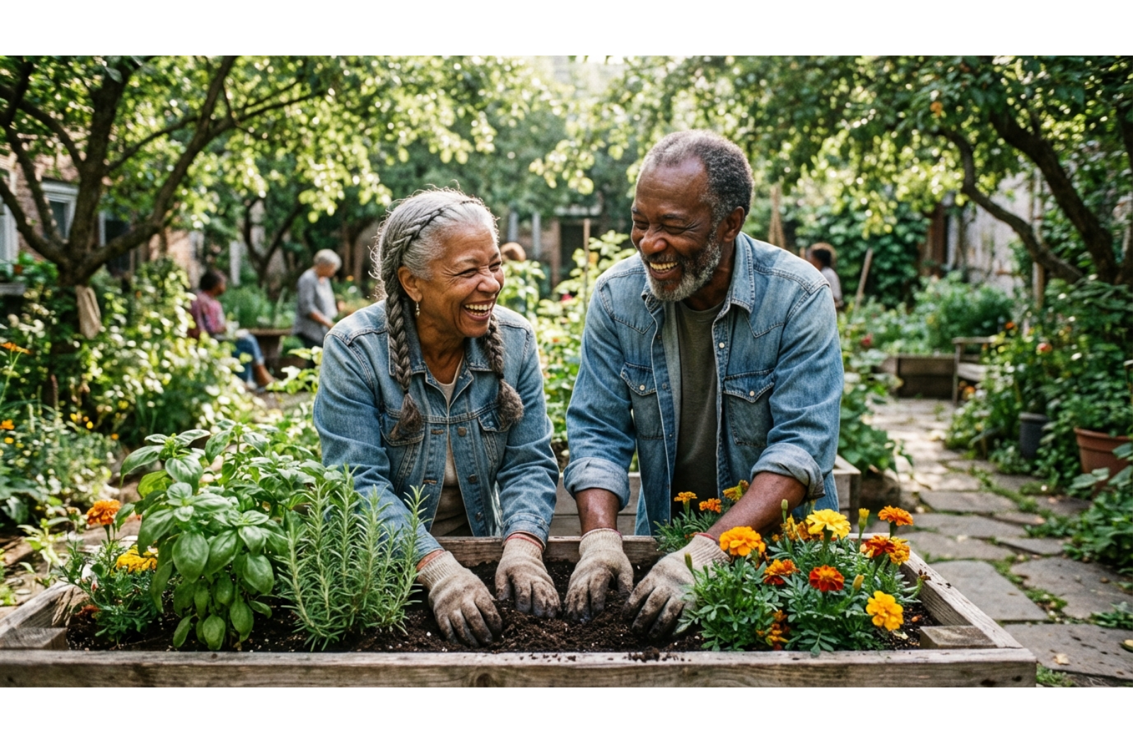 Two older adults gardening together at a raised planter box in a sunny community courtyard.