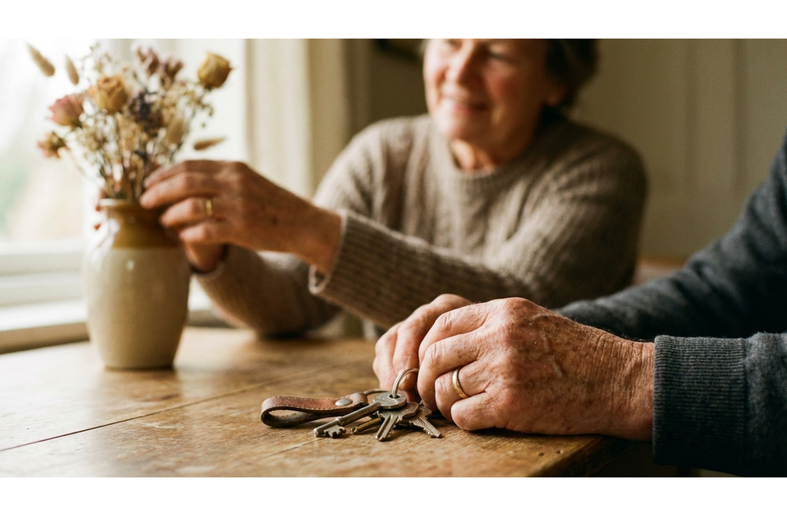 Close-up of an older adult's hands holding keys on a table while a caregiver works in the background.