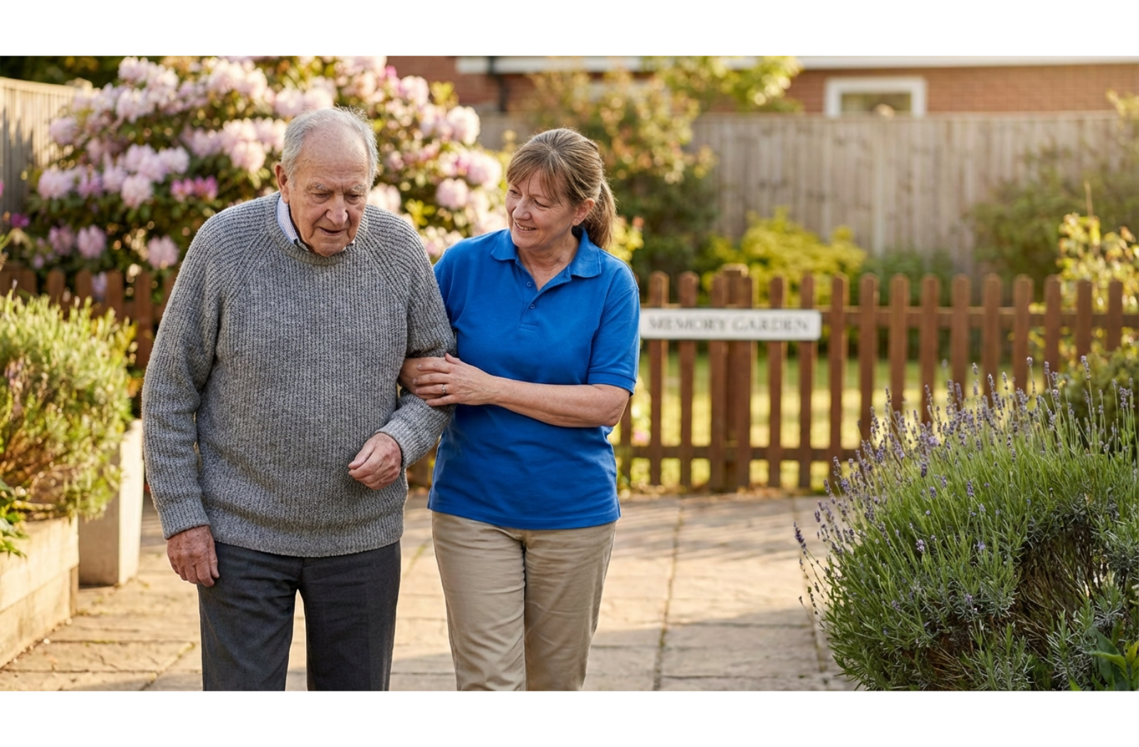 Older adult walking arm-in-arm with a caregiver on a paved path in a sunny garden.