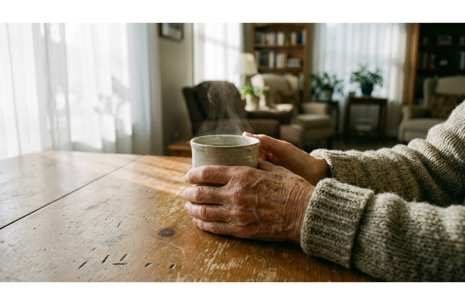 senior hands hold a coffee cup